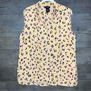 Linen Woman Button Down Split V Neck Modern Multi Cheetah  Blouse 1X